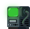 A broken Computer from the game, its green screen glowing